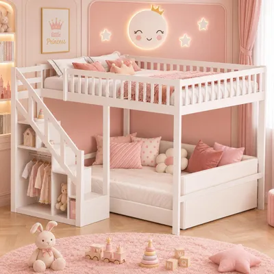 Produktbild von INONEFT Etagenbett 140x200cm mit rausfallschutz, doppelbett hochbett mit stauraum treppe, kinderbett jugendbett massivholzbett mit lattenrost, weiß, KI-generiertes Bild