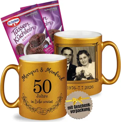 Produktbild von Tasse zur Goldenen Hochzeit, Geschenkidee für den Hochzeitstag, Set (50 Jahre Liebe mit Foto)