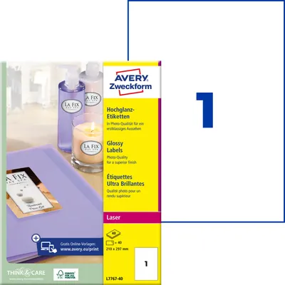 Produktbild von Avery Zweckform L7767-40, Hochglanz-Etiketten, A4, 210 x 297 mm, 40 Etiketten / 40 Bögen, weiß