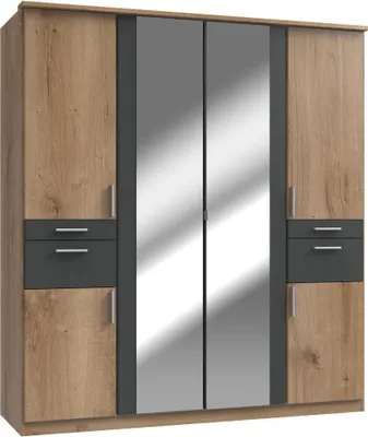 Produktbild von Kleiderschrank Holzschrank Drehtürenschrank Schlafzimmer Schrank "Kalindi IV" Plankeneiche/Graphit