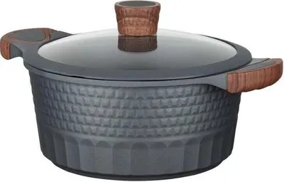 A gray cooking pot with a glass lid and wooden handles is shown against a white background.