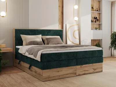 Produktbild von MKS MEBLE Boxspringbett WOOD CLASSIC KING, Doppelbett mit zwei Multipocket-Matratze und Topper T25, hohe Kopfteil, Stauraum - 180 x 200 cm - H3 - Dunkelgrün Cord