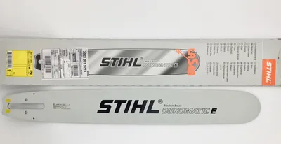 A Stihl Duromatic E chainsaw bar is shown in its packaging and also displayed separately.
