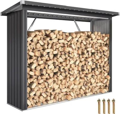 Image de Outsunny Abri-bûches couvert en acier galvanisé, 2 m³, support pour bois de chauffage robuste, montage rapide, étagère à bûches extérieur plancher surélevé toit incliné, 213x66,5x150cm, gris foncé