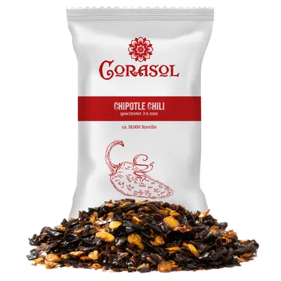 Produktbild von Corasol Chipotle Chili, ca. 18000 Scoville, geschrotet 3-6 mm (4 g im Aromabeutel)