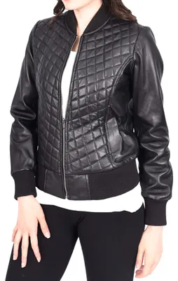 Image de Veste bomber pour femmes - Cuir véritable - Motifs à carreaux - Noir