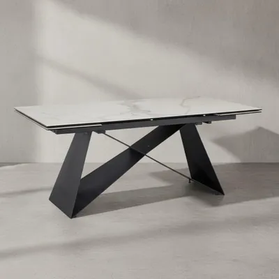 Produktbild von Esszimmertisch 180 - 260 cm Ausziehbar Keramik Glas Weiß, Keramiktisch Marmor-Optik Groß, Designer Küchentisch Rechteckig, Esstisch Extravagant mit Metallbeinen