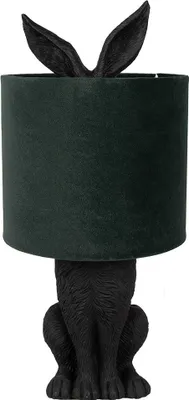 A black rabbit-shaped table lamp with a dark green lampshade.