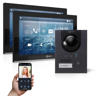 Produktbild von GOLIATH IP Aufputz Video Türsprechanlage Set für 1 Familienhaus (Anthrazit 180° Türstation, 2x10" Touchscreen Monitor Schwarz, App)