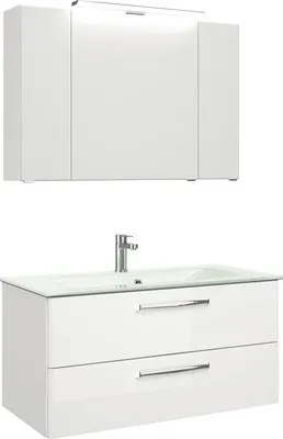 Produktbild von Badmöbel-Set Pelipal Kumba BxHxT 107 x 200 x 50 cm Frontfarbe weiß hochglanz mit Glas-Waschtisch weiß 99.107032609