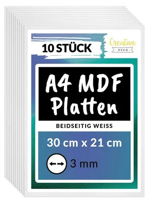 Produktbild von Creative Deco 10 x A4 MDF Platten Beidseitig Weiß | 300 x 210 x 3 mm | Dünne Holz-Platten für Laser, CNC Router, Modellierung, Laubsäge