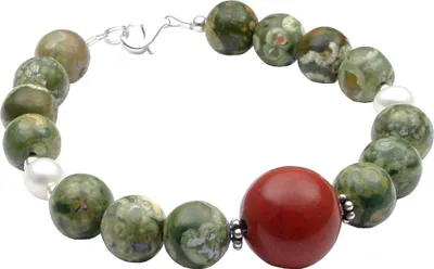 Produktbild von Armband Armschmuck aus Rhyolith Rot-Jaspis Perlen 925 Silber grün braun