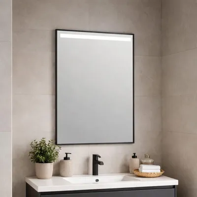 Produktbild von Badezimmerspiegel 50x70 mit LED-Hintergrundbeleuchtung und matt-schwarzem Rahmen