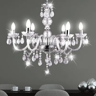 Image de Suspension en cristal, lustre, idéal pour salle à manger, finition chromée, 6 ampoules E14, dimensions : diamètre 61 cm, hauteur 166 cm
