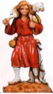 Figur eines Hirten, der Lamm trägt. Trägt langes, rotes Gewand, das ihm bis zu den Knien reicht.