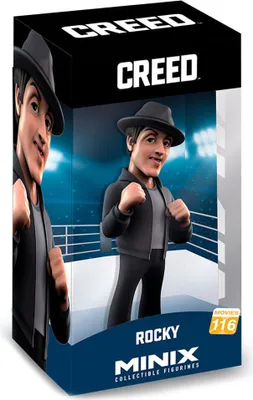 A product box for a collectible figurine of Rocky from the movie Creed, showing the figurine inside the box.
