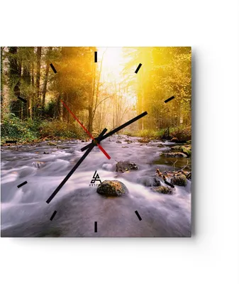 Produktbild von Wanduhr - Quadrat - Glasuhr - Herbst Wald Berg Fluss - 40x40cm - Schleichendes Uhrwerk - Lautlos - zum Aufhängen bereit - Dekoration Modern - Wanddekoration aus Glas - C3AC40x40-0504