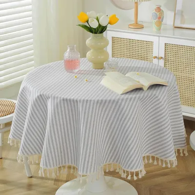Productafbeelding van Gestreept tafelkleed met franjes, afwasbaar, rond, ongeveer 150 cm, grijs/wit