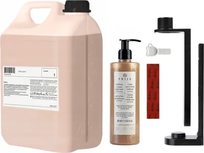 Produktbild von PRIJA Badezimmer-Set: schwarzer Flaschenhalter, 380ml feines Badezusatzmittel + 5l Vorrat
