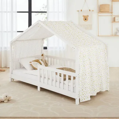 Produktbild von Hausbett Himmel LIAN in weiß/ gold - Betthimmel aus 100% Baumwolle, Baldachin Musselin zweilagig, Bettvorhang für Kinder, Hausbett Deko