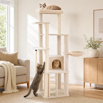 Productafbeelding van COSTWAY 194 cm kattenboom, kraboom met sisal krabpalen, springplatform, kattenhuis, trap en pluche bed, meerlaagse kattenkraboom, kattenmeubilair
