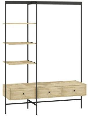 Obrázek produktu pro Věšák na oblečení s policemi, zásuvkami a tyčí na ramínka | Barva: buk | Rozměry: 135 x 48 x 180 cm