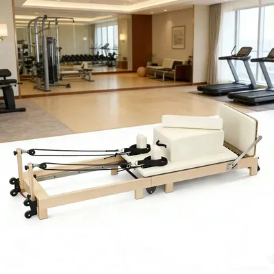 Produktbild von Pilates Reformer - Fitnessgerät - Verstellbarer Widerstand - Klappbar - Mit Leiter - Eiche & Ahorn - Größe 240×60×30 cm - Weiß
