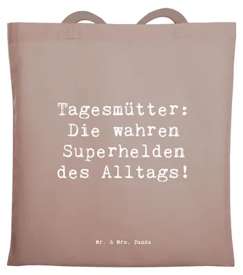 Produktbild von Mr. & Mrs. Panda Tote Bag Spruch Tagesmutter Superheld - Braun Pastell - Geschenk, liebevolle Betreuung, Laptoptasche, Alltagshelden, Berufe, Liebe, Uni Tasche, Lächeln