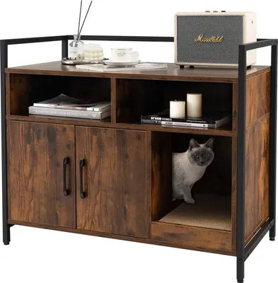A cat is inside a cabinet designed for pets.