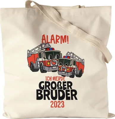 Produktbild von Ich Werde Großer Bruder 2023 Jutebeutel Stoffbeutel Canvas Ankündigung Schwangerschaft Feuerwehr-Auto Alarm Babynews