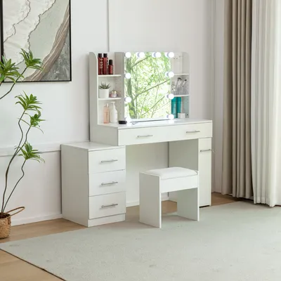 Produktbild von Schminktisch mit LED-Beleuchtung Weiß mit Hocker Spiegel 6 Schubladen und Fächern Frisiertisch Kosmetiktisch Kommode