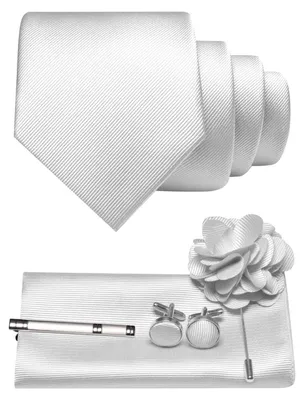 Produktbild von Herren Krawatten-Set mit Einstecktuch, Manschettenknöpfen, Krawattenklemme und Brosche, einfarbig, Polyester, Weiß