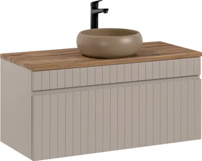Produktbild von Waschtisch Unterschrank 100 cm Keramik Aufsatzwaschbecken IRAKLIO-56-CASHMERE Kaschmir Eiche Nb. B/H/T ca. 100,4/60,5/46 cm
