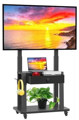 Obrázek produktu pro Mobilní televizní stojan, výškově nastavitelný, s zásuvkou, pro televizory 32-75 palců, černý