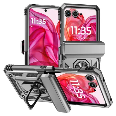 Multiple views of a silver smartphone case with a ring kickstand and hinge cover, displayed against a light gray background.