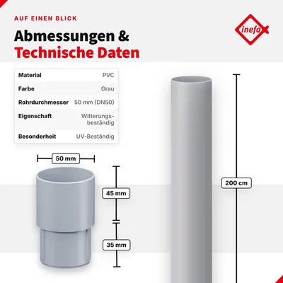 Produktbild von INEFA Fallrohr 200cm x DN50 / 50mm Grau Kunststoff