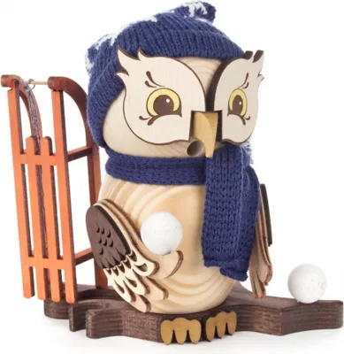 Produktbild von Kuhnert Räuchermännchen Räucherfigur Eule mit Schlitten 15 cm - Echt Erzgebirge