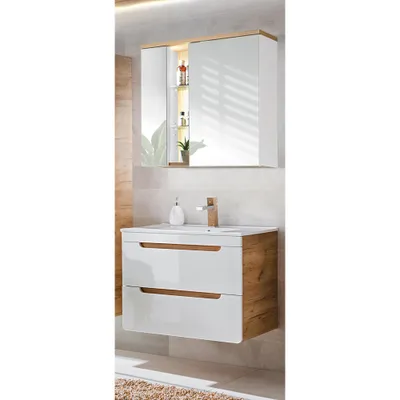 Produktbild von Badezimmer Waschplatz Set mit 81 cm Keramik-Waschtisch & LED-Spiegelschrank LUTON-56 Hochglanz weiß, Wotan Eiche Nb. B/H/T ca. 81/195/46 cm