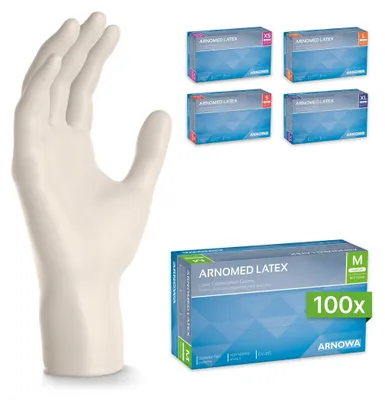 A white latex glove is shown next to several boxes of latex gloves in different sizes.