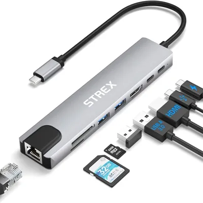 Produktbild von Strex 8 in 1 USB C Hub - Docking Station - USB Splitter - 4K HDMI - USB A - USB C - Ethernet - Micro SD - Geeignet für Laptop, Macbook, Windows