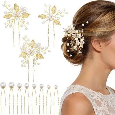 Produktbild von 11 Stück Hochzeit Haarschmuck Set, Blumen Perlen Braut Haarnadeln, U-förmig für Damen Mädchen (Gold)