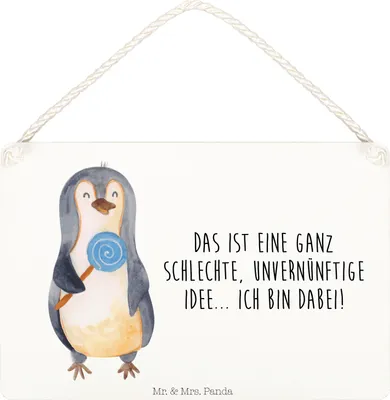 Produktbild von Mr. & Mrs. Panda Schild Pinguin Lolli DIN A5 - Weiß - Geschenk, Spruch, Türschild, Unvernünftig, Süßigkeiten, Holzschild, kleine aufmerksamkeit, holzbild, wandtafel