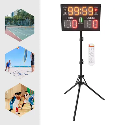 A collage of sports scenes and a scoreboard with a remote control.