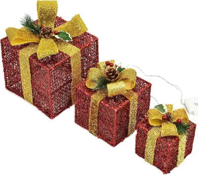 Produktbild von DMS 3er Set Geschenkboxen Weihnachtsfigur mit 48 LEDs Weihnachtsbeleuchtung