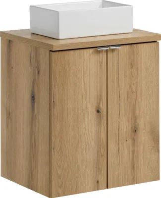 Produktbild von Badezimmerschrank 50 cm mit Arbeitsplatte und Sockelwaschbecken, Eiche Evoke