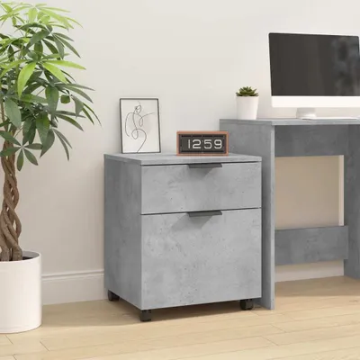 A mobile filing cabinet with two drawers is placed next to a desk in a home office setting.