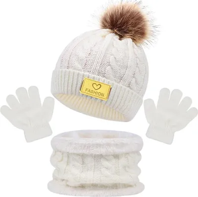 Produktbild von 3-teiliges Winterset für Kinder: Mütze, Schal, Handschuhe, Plüschbommel-Dekor, gedrehte Textur, randlose Mütze, Strickhandschuhe mit Fleecefutter, Halswärmer