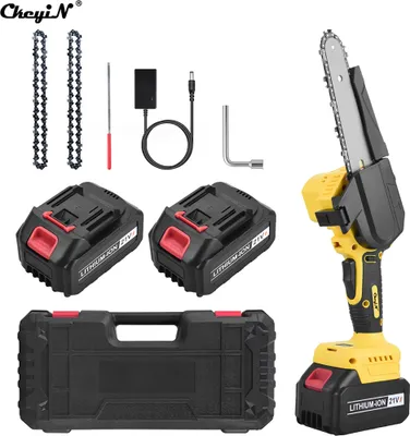A collection of items for a cordless chainsaw, including the chainsaw itself, batteries, chains, charger, and a carrying case, laid out on a white background.