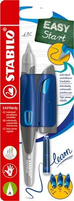 The image shows the packaging of a STABILO EASYbirdy fountain pen, highlighting its features and ergonomic design for beginners.