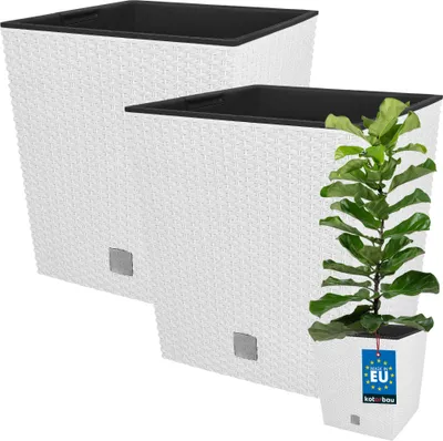 Image de KOTARBAU® Set de 2 pots de fleurs 32 L Hauteur : 32 cm Blanc Pot de plantes en plastique Cache-pot avec pot intérieur Set de pots de fleurs comme le rotin Pot de plantes intérieur extérieur